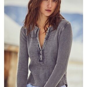 Free People Boho Washed Waffle Colt Thermal Henley Colt Top Sz.XL Raw Edge